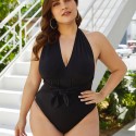 V-Neck Plus Size One-Piece Swimsuit in Black - LMT005-B-O