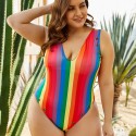 Deep V Backless Plus Size One-Piece Swimsuit in Rainbow Color - LMT006-RB-O