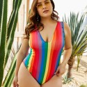 Deep V Backless Plus Size One-Piece Swimsuit in Rainbow Color - LMT006-RB-O
