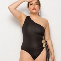 Slanted-Neck Plus Size One-Piece Swimsuit in Black - LMT014-B-O