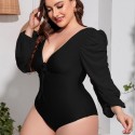 V-Neck Long Sleeve Plus Size One-Piece Swimsuit in Black - LMT035-B-O