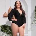 V-Neck Long Sleeve Plus Size One-Piece Swimsuit in Black - LMT035-B-O