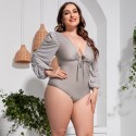 V-Neck Long Sleeve Plus Size One-Piece Swimsuit in Gray - LMT035-G-O
