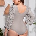 V-Neck Long Sleeve Plus Size One-Piece Swimsuit in Gray - LMT035-G-O