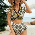 V-Neck Short Sleeve Bikini Two-Piece Swimsuit in Green - LMT046-G-N