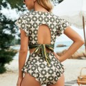 V-Neck Short Sleeve Bikini Two-Piece Swimsuit in Green - LMT046-G-N