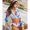 3-Piece Long-Sleeved Zip-Up Two-Piece Swimsuit in Blue, Purple and White - LMT055-01-N