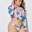 Plus Size Long-Sleeved Zippered Two-Piece Swimsuit in Blue, Purple and White - LMT055-01-O
