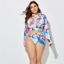 Plus Size Long-Sleeved Zippered Two-Piece Swimsuit in Blue, Purple and White - LMT055-01-O