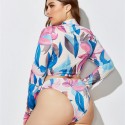 Plus Size Long-Sleeved Zippered Two-Piece Swimsuit in Blue, Purple and White - LMT055-01-O
