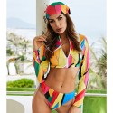 3-Piece Long-Sleeved Zip-Up Two-Piece Swimsuit in Yellow. Blue and Red - LMT055-02-N