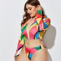 Plus Size Long-Sleeved Zippered Two-Piece Swimsuit in Yellow. Blue and Red - LMT055-02-O