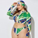 Plus Size Long-Sleeved Zippered Two-Piece Swimsuit in Green and Blue - LMT055-03-O