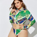 Plus Size Long-Sleeved Zippered Two-Piece Swimsuit in Green and Blue - LMT055-03-O