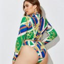 Plus Size Long-Sleeved Zippered Two-Piece Swimsuit in Green and Blue - LMT055-03-O
