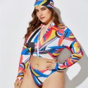 Plus Size Long-Sleeved Zippered Two-Piece Swimsuit in Blue, Red and Yellow - LMT055-04-O