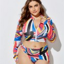 Plus Size Long-Sleeved Zippered Two-Piece Swimsuit in Blue, Red and Yellow - LMT055-04-O