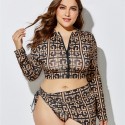 Plus Size Long-Sleeved Zippered Two-Piece Swimsuit in Black and Brown - LMT055-05-O