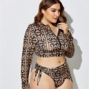 Plus Size Long-Sleeved Zippered Two-Piece Swimsuit in Black and Brown - LMT055-05-O