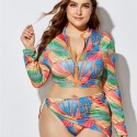 Plus Size Long-Sleeved Zippered Two-Piece Swimsuit in Green, Blue and Red - LMT055-06-O