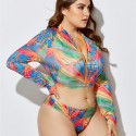 Plus Size Long-Sleeved Zippered Two-Piece Swimsuit in Green, Blue and Red - LMT055-06-O