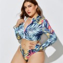 Plus Size Long-Sleeved Zippered Two-Piece Swimsuit in Blue, Red and Yellow - LMT055-07-O