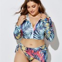 Plus Size Long-Sleeved Zippered Two-Piece Swimsuit in Blue, Red and Yellow - LMT055-07-O