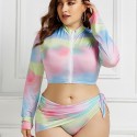 Plus Size Long-Sleeved Zippered Two-Piece Swimsuit in Pink and Blue - LMT055-09-O