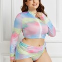 Plus Size Long-Sleeved Zippered Two-Piece Swimsuit in Pink and Blue - LMT055-09-O