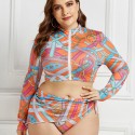 Plus Size Long-Sleeved Zippered Two-Piece Swimsuit in Orange and Purple - LMT055-10-O