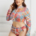 Plus Size Long-Sleeved Zippered Two-Piece Swimsuit in Orange and Purple - LMT055-10-O