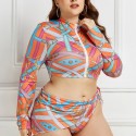 Plus Size Long-Sleeved Zippered Two-Piece Swimsuit in Orange and Purple - LMT055-10-O