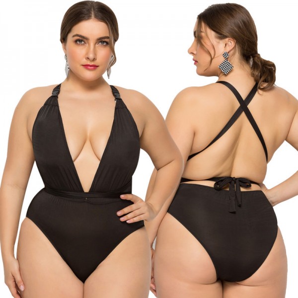 Backless Bikini Plus Size One-Piece Swimsuit in Black