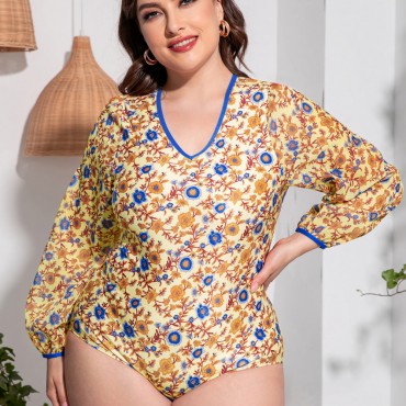 Long Sleeve Plus Size One-Piece Swimsuit in Yellow