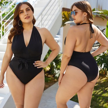 V-Neck Plus Size One-Piece Swimsuit in Black