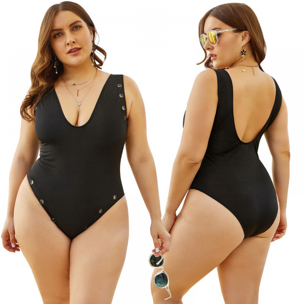 Deep V Backless Plus Size One-Piece Swimsuit in Black - LMT006-B-O