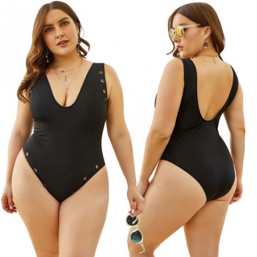 Deep V Backless Plus Size One-Piece Swimsuit in Black