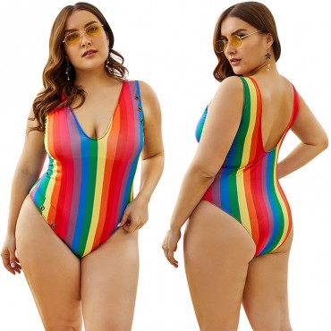 Deep V Backless Plus Size One-Piece Swimsuit in Rainbow Color