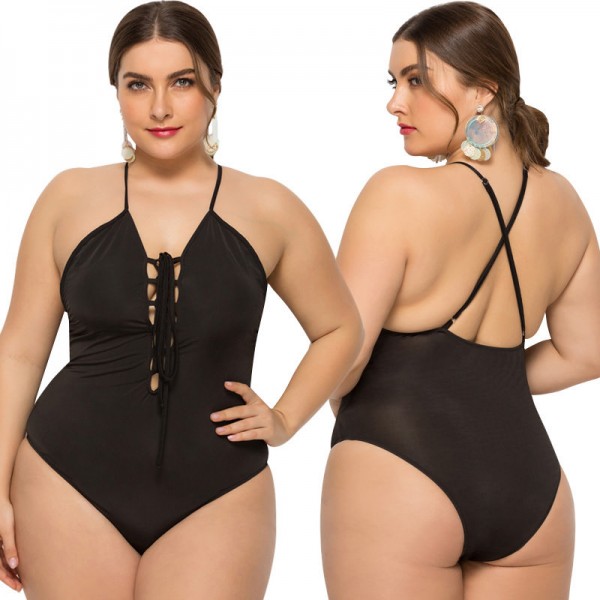 Open Back Plus Size One-Piece Swimsuit in Black