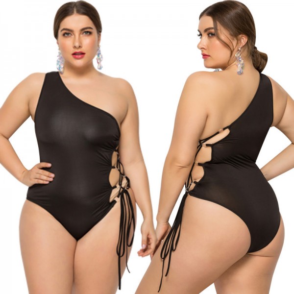 One-Shoulder Plus Size One-Piece Swimsuit in Black