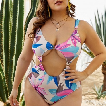 Hollow Backless Plus Size One-Piece Swimsuit with Blue Flower