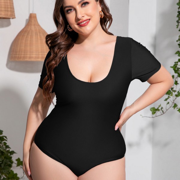 Sexy Short Sleeve Plus Size One-Piece Swimsuit in Black