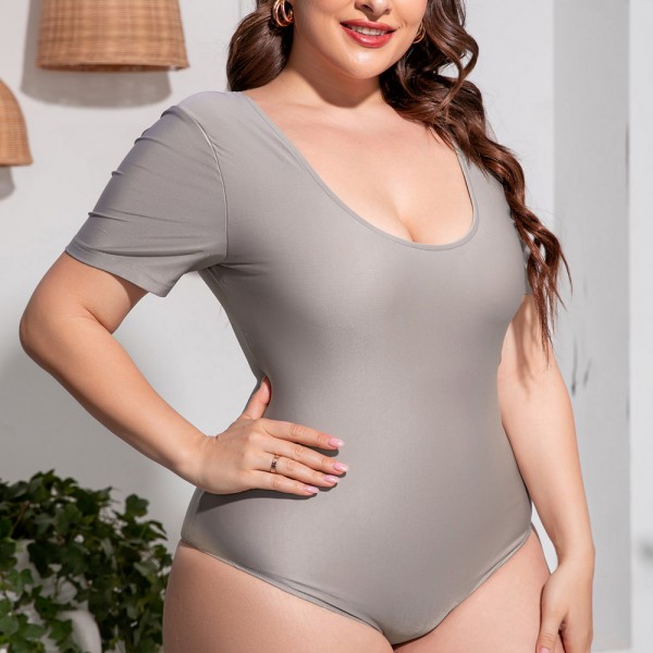 Sexy Short Sleeve Plus Size One-Piece Swimsuit in Gray
