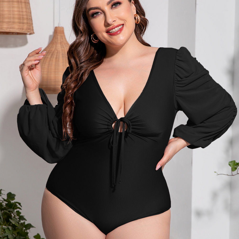 V-Neck Long Sleeve Plus Size One-Piece Swimsuit in Black - LMT035-B-O