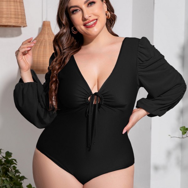 V-Neck Long Sleeve Plus Size One-Piece Swimsuit in Black