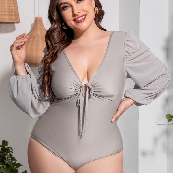 V-Neck Long Sleeve Plus Size One-Piece Swimsuit in Gray