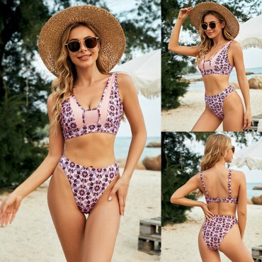 V-Neck Backless Bikini Two-Piece Swimsuit in Pink