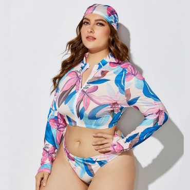 Plus Size Long-Sleeved Zippered Two-Piece Swimsuit in Blue, Purple and White