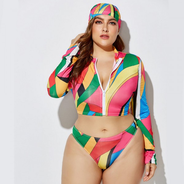 Plus Size Long-Sleeved Zippered Two-Piece Swimsuit in Yellow. Blue and Red