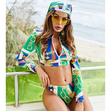3-Piece Long-Sleeved Zip-Up Two-Piece Swimsuit in Green and Blue